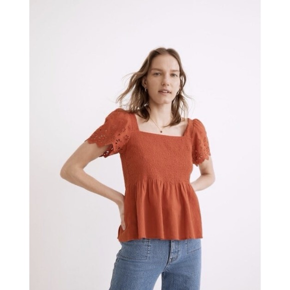 Madewell Tops - Madewell Eyelet Sleeve Lucie Smocked Peplum Blouse XS Fresh Chili Terracotta